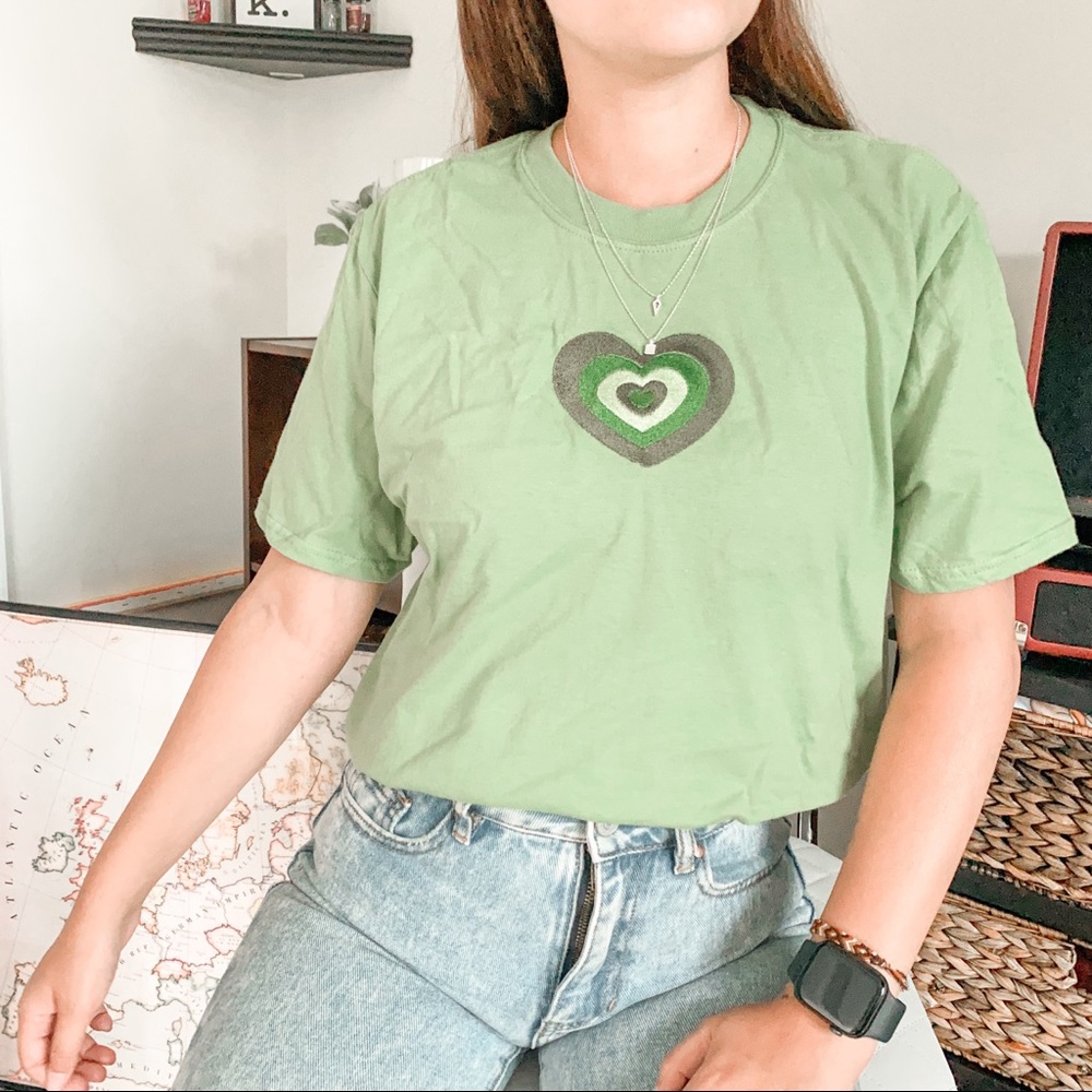 Custom Embroidered Green Retro Heart Tee Shirt
